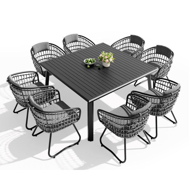 8 - Person Aluminum Dining Set With Removable Cushions And Umbrella Hole, Gray