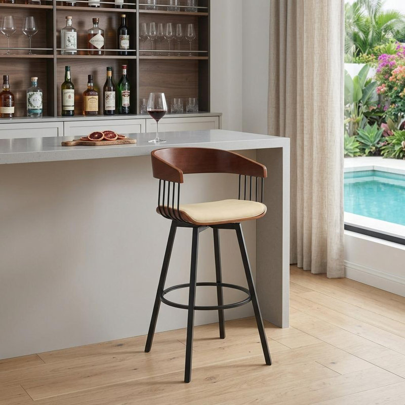 Tabouret rembourré Lynnox, Tabouret de bar (siège d'une hauteur de 31 po), Noyer / noir, Crème, crème