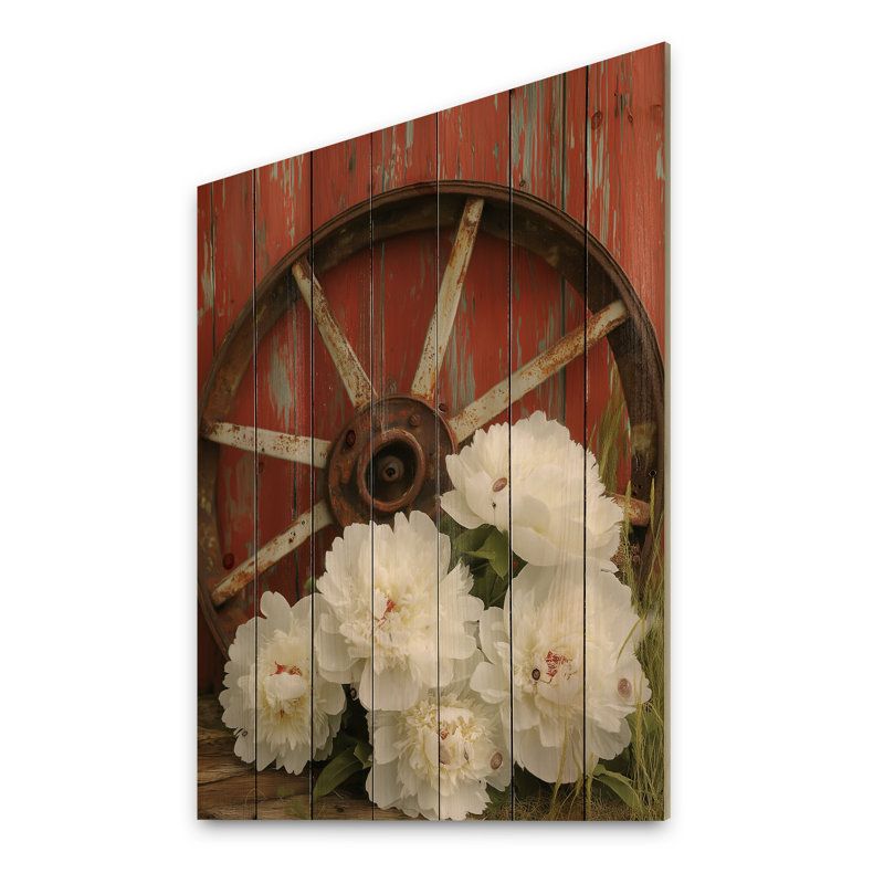 Pivoines par la roue du chariot II - impression de bois de pivoines - sur bois de pin naturel, H 20 po x l 10 po x P 0,78 po