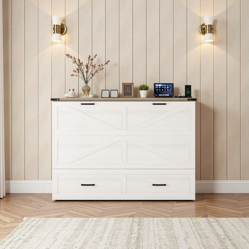 Queen Size Farmhouse Murphy Cabinet Bed With Foldable Platform Storage Drawer & Charging Station, White