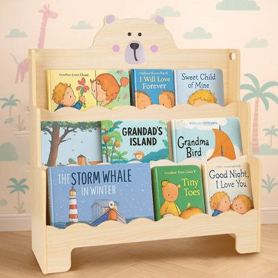 Ayston Kids Wooden 3-Tier Bookshelf with Scalloped Edges, Front-Facing Book Display, Montessori Toddler Book Rack & Book Shelves for Kids Room, Nurser