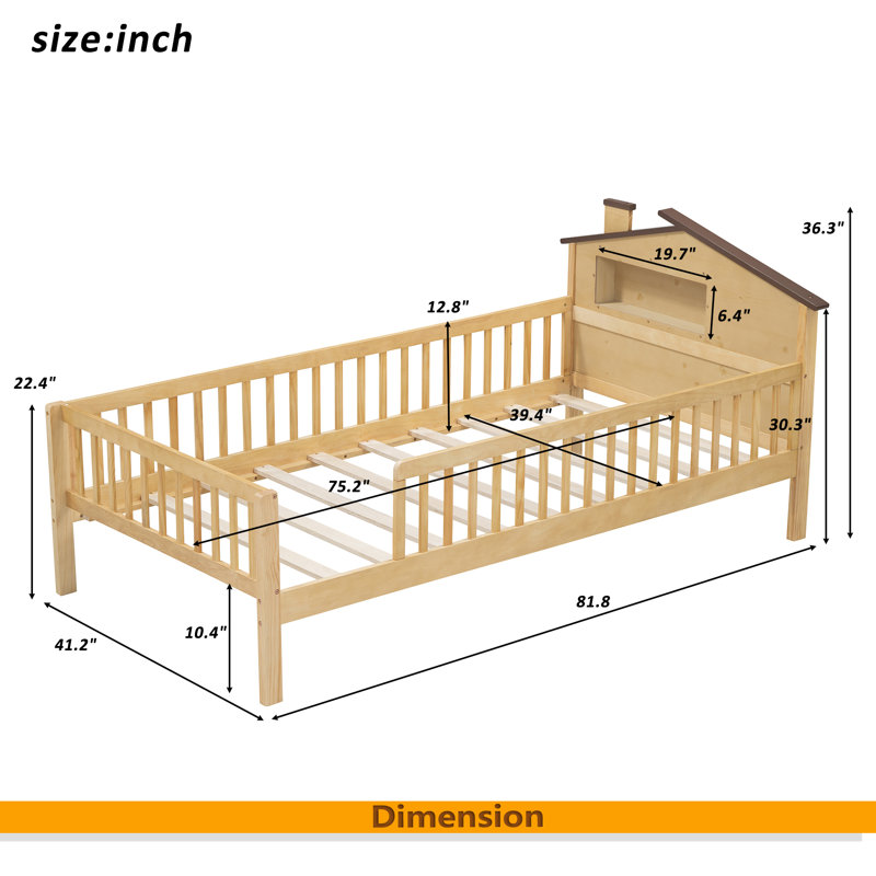 Lit plateforme en bois avec tête de lit en forme de maison, DEL et rangement intégré, Naturel, Lit simple