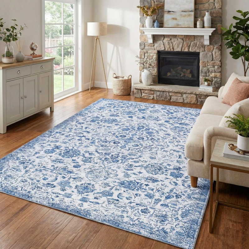 Vintage Floral Area Rug Boho Distressed Area Rugs for Living Room Machine Washable Bedroom Rugs Soft Low Pile Floor Cover Non Slip Non-Shedding Indoor Carpet