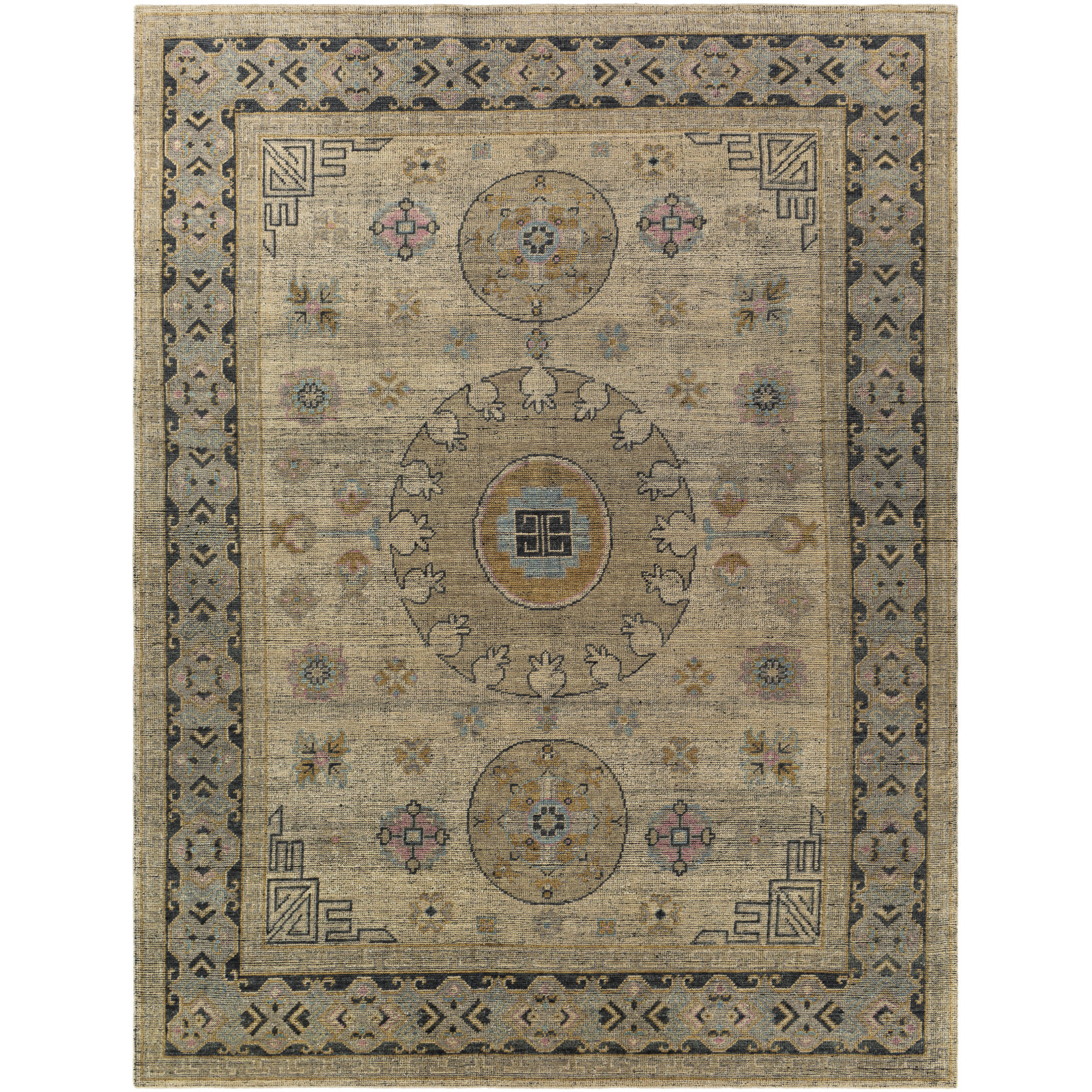 Robby Beige Black Hand-Knotted Oriental Wool Rug, Rectangle 2' x 3'