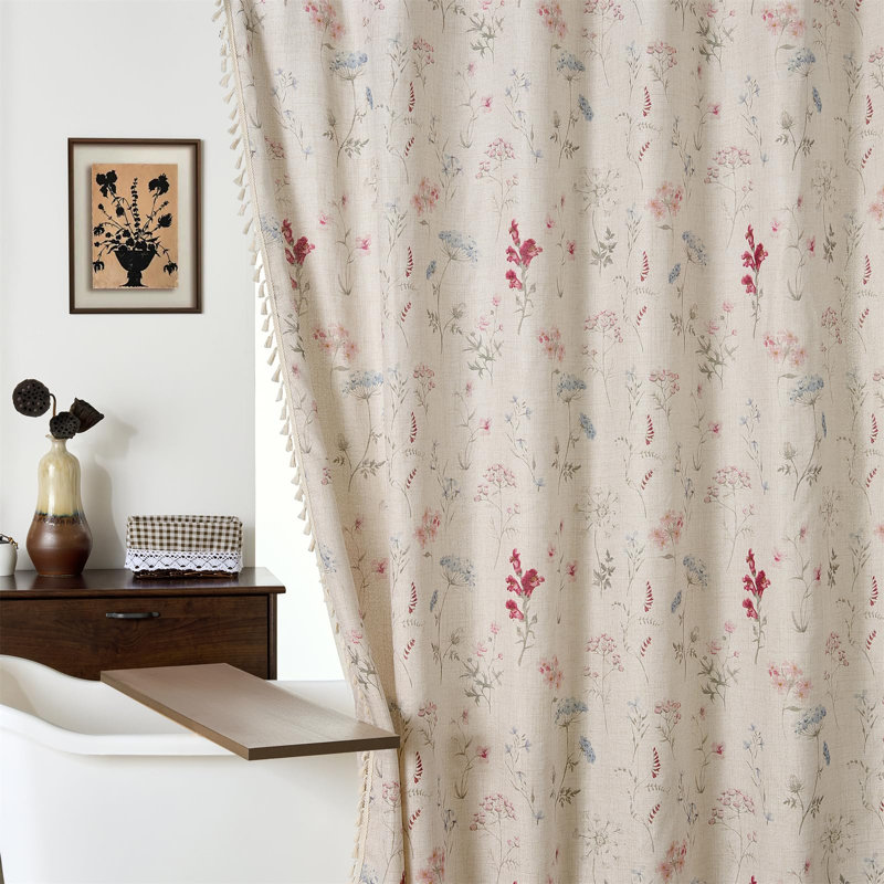 Ensemble de rideau de douche Boho Floral avec pampilles - Ensemble de rideau de douche en lin texturé robuste et moderne de qualité supérieure