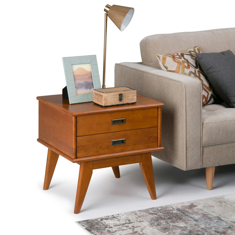 Table de bout rectangulaire Mid-Century moderne en bois massif de 22 po avec 2 tiroirs de rangement Draper, Brun teck