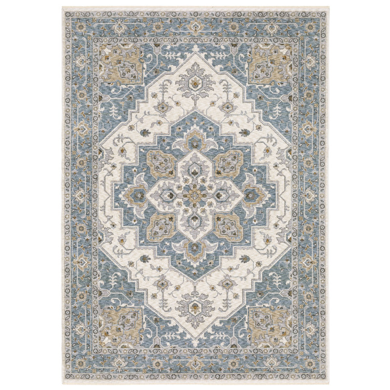 Tapis oriental en polyester tissé à la machine bleu / ivoire Raymir, Rectangle 5 pi 3 po x 7 pi 6 po