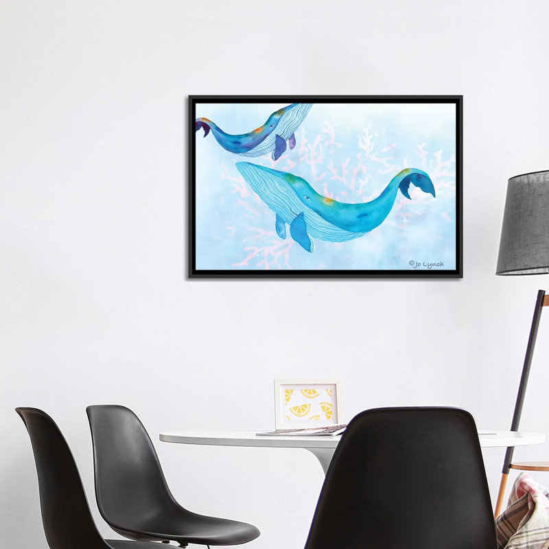 Whales Play Ocean par Jo Lynch - reproduction d'art, H 26 po x l 40 po x 1,5 po, Toile encadrée noire, Aucun mat