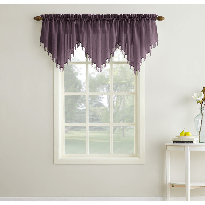 Mardis Beaded Tassels Crushed Sheer Voile Ascot Window Valance, Purple