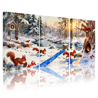 «Christmas Winter Forest Squirrels Snowy Landscape Pinecones Christmas Decor», ensemble de 3 impressions sur toile
