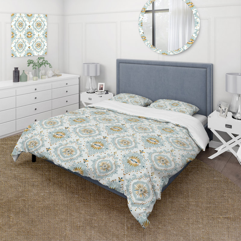 Blue Gold Damask Glamour Print II - Ensemble de housse de couette style campagnard