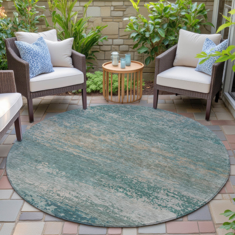 Machine Washable Indoor/Outdoor Xhevrie Aqua Rug, Round 8'
