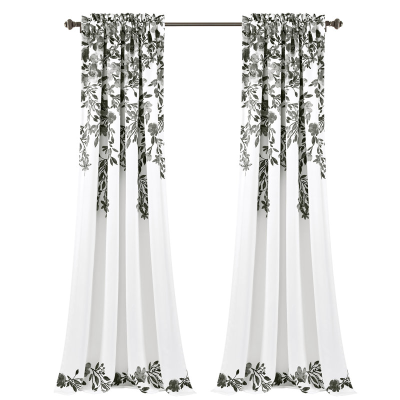 Black and White Floral Polyester Blackout Curtain Panels