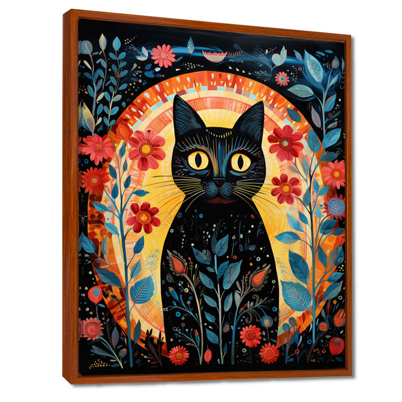 «Black Boho Flower Cat - Cat», reproduction d'art murale, Toile avec cadre brun, H 44 po x l 34 po x P 1,5 po
