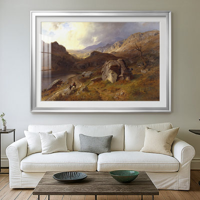 Paysage de montagne avec les cavaliers-Hans Gude-Reproduction encadrée avec passe-partout et verre-c. Milieu du 19e siècle