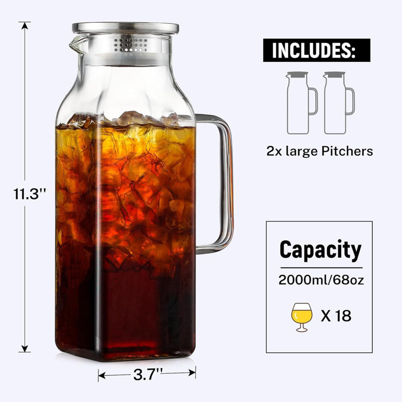 Ensemble de 4 pichets carrés en verre de 2 litres avec couvercle et poignée pour carafe à thé glacé et carafe à café en verre borosilicaté résistant à la chaleur pour boissons chaudes et froides
