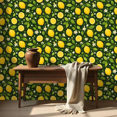 Peel and Stick Wallpaper Contact Paper Tropical seamless yellow lemon branches Citrus Fruit flat style Self Adhesive and Removable 24in x 118in(60x300cm)