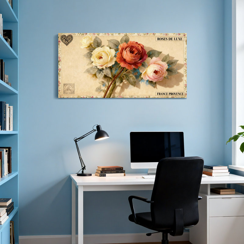Plantes et fleurs roses de luxe, reproduction d'art floral rétro en Provence, H 24 po x l 48 po