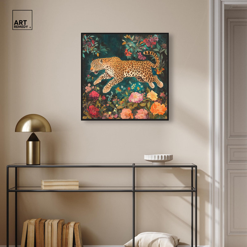 Art mural sur toile Tigers and Blooms , H 25 po x l 25 po, Cadre flottant noir