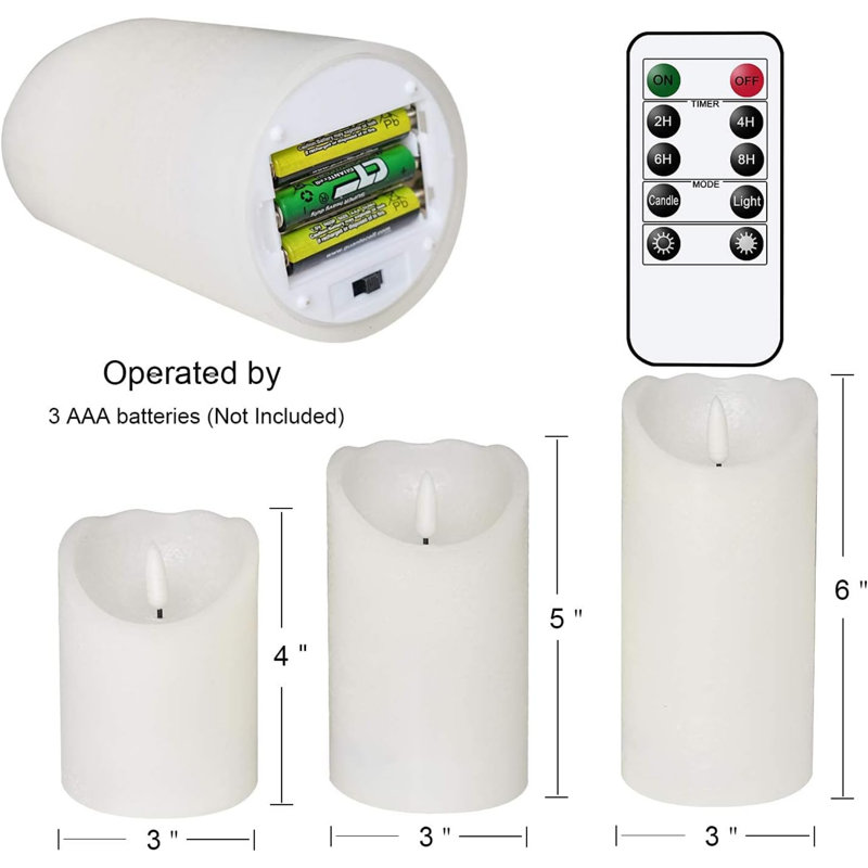 Flameless Flickering Candles with Remote, 3D Wick Real Wax Battery Operated White Pillar Candles with Timer Set of 3 for Home Wedding Party Christmas Decoration (D3” x H4”5”6”) White