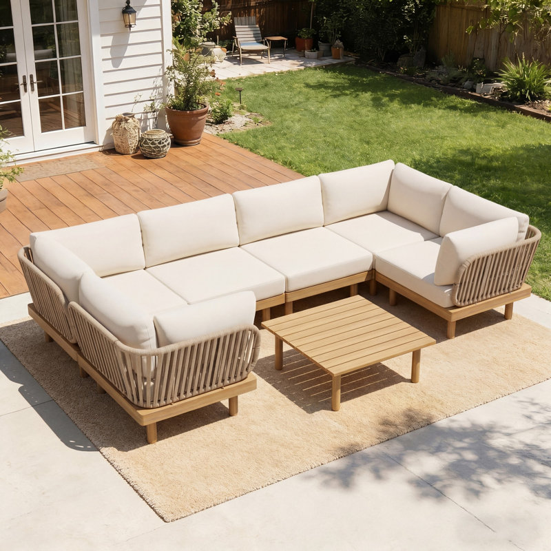 Ensemble de 7 pièces de mobilier de patio modulaire en bois d'acacia moderne, siège à corde résistant aux intempéries et table basse avec coussin moelleux