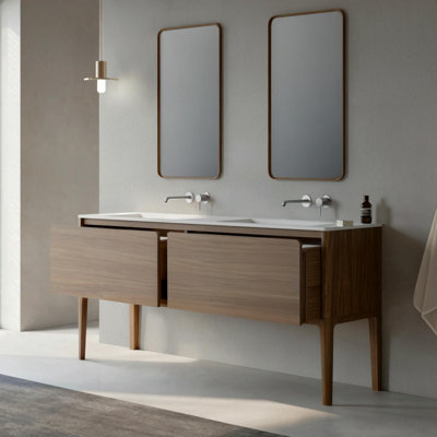 Ensemble de meuble-lavabo autoportant à 2 tiroirs de l 72 po x P 19 po Elliana en noyer avec comptoir à surface solide blanc mat et pieds en bois