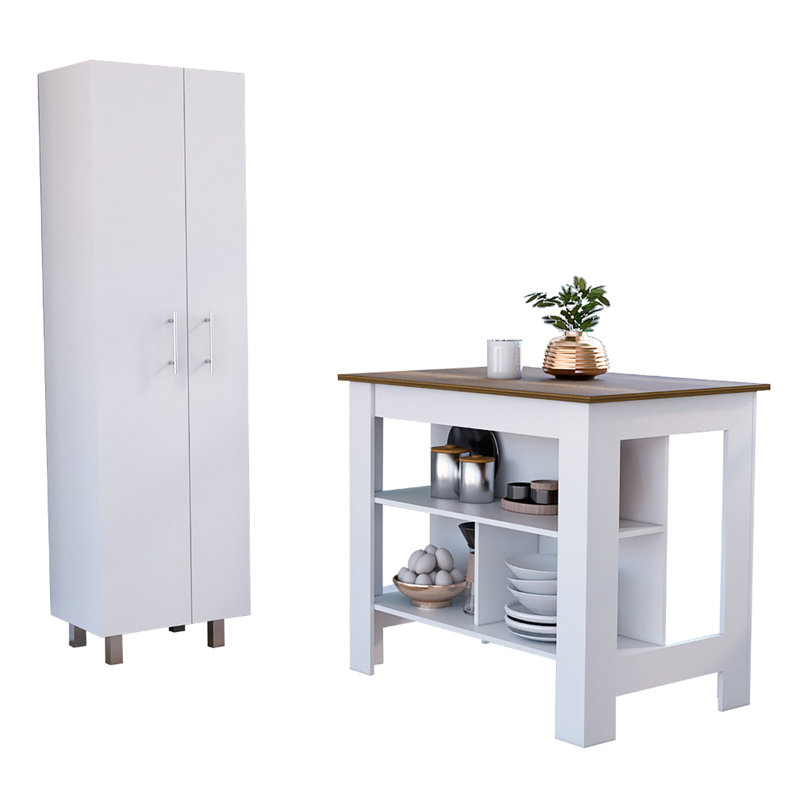 Ensemble de cuisine à 2 tablettes et 2 portes 2 pièces Hayne, îlot de cuisine et garde-manger blanc et noyer