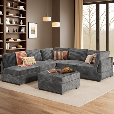 Hogle 95.7'' Modular L-Shaped Sectional Plush Corduroy Sofa With Movable Ottoman