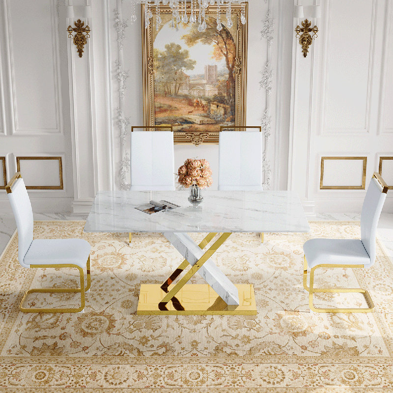Glass Dining Table Set For 4, White, White, 5 Pieces: Table, 4 Chairs