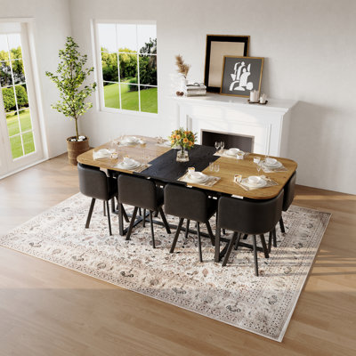 Ensemble de table de salle à manger 9 pièces 9 pièces, plateau de table fixe en grain de bois bicolore et triamine de grain de bois noir avec 8 chaises en similicuir noir, ensemble de table de cuisine moderne pour 8 personnes, idéal pour les réunions de famille
