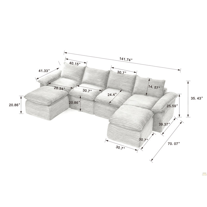 Canapé Corduroy Cloud, Velours côtelé blanc, H 35,43 po x l 141,74 po x P 70,07 po