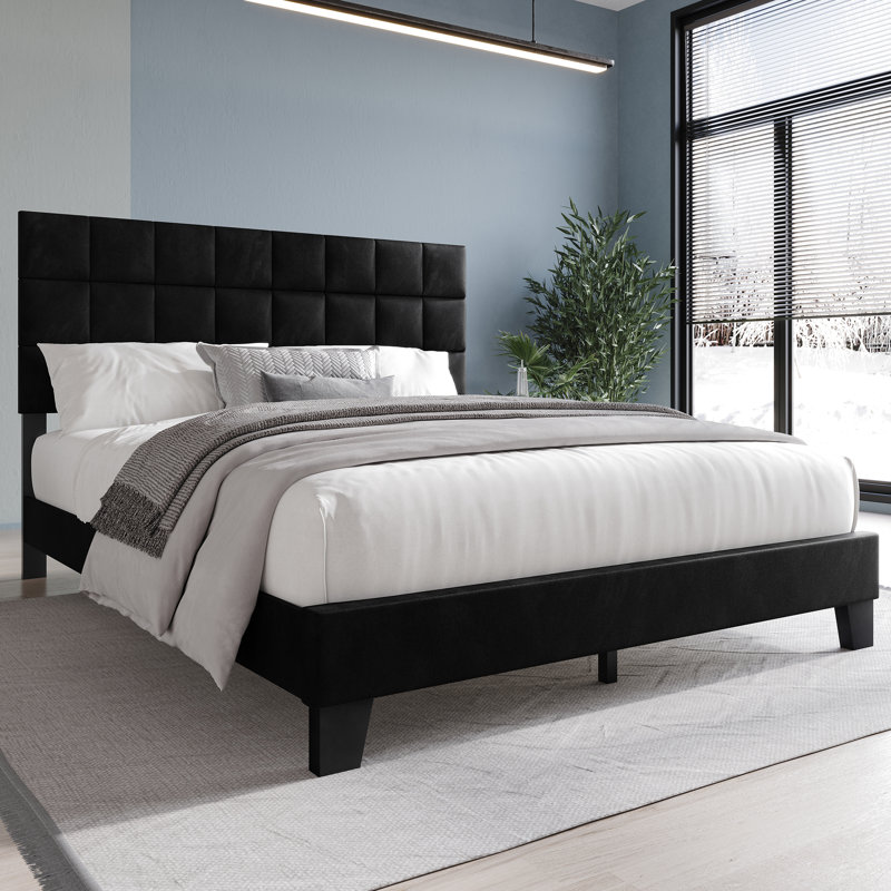 Cheneka Upholstered Unfinished Platform Bed, Black, Queen