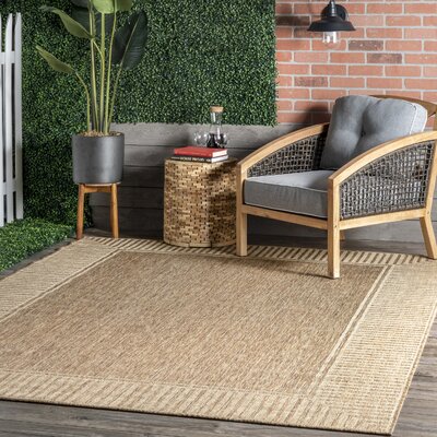 Alegre Bordered Indoor/Outdoor Area Rug for Living Room Patio Deck Front Porch Kitchen, Light Brown/Ivory