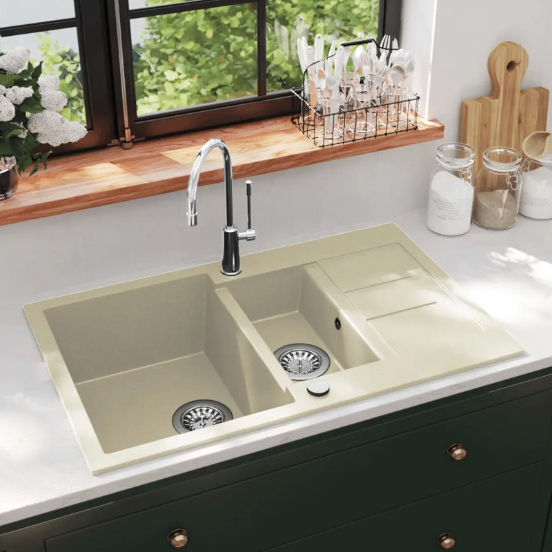 Belfry Kitchen Amher 500mm W Double Bowl Stone Kitchen Sink with 1 Faucet Hole