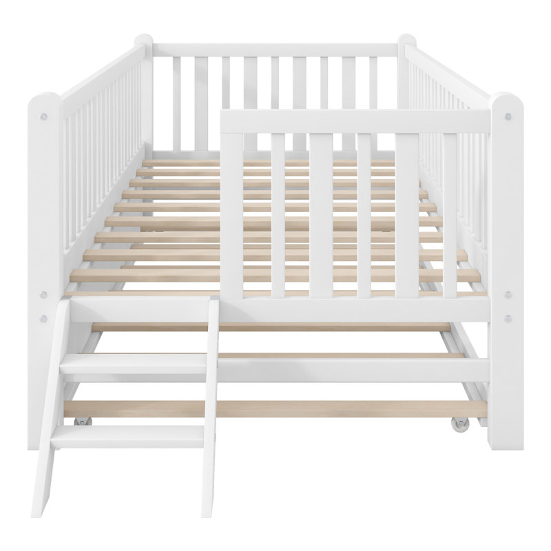 Lit plateforme en bois avec garde-corps et lit gigogne, blanc, Blanc