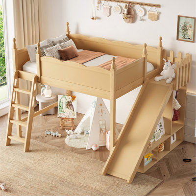 Lit mezzanine double avec tablettes de rangement et garde-robe, lits mezzanine en bois massif avec glissière amovible et échelles, aucune boîte à ressorts nécessaire