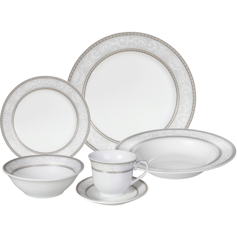 Silver Floral Porcelain 24-Piece Dinnerware Set, Service for 4