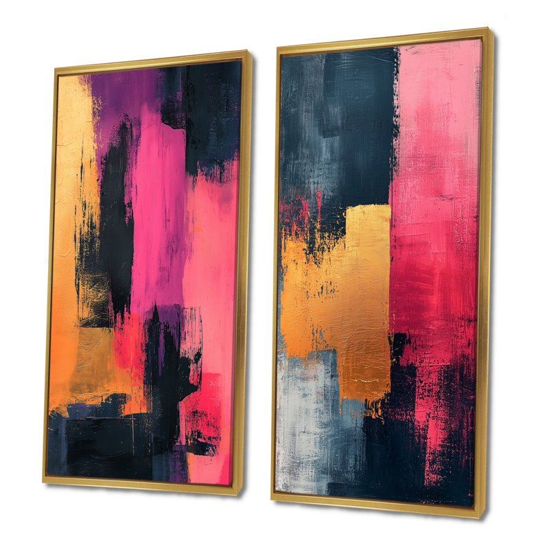 «Blakc and Pink Meet In Dream I - Minimalisme», ensemble d'art mural 2 pièces, Cadre flottant doré, H 28 po x l 24 po