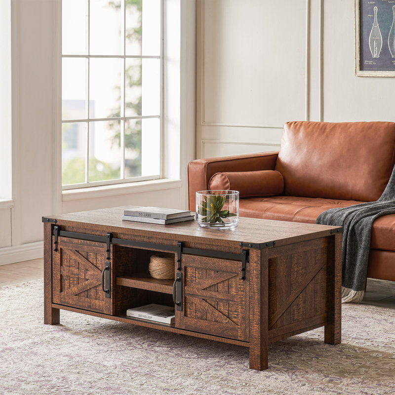 Farmhouse 48" Coffee Table with Sliding Barn Door and Adjustable Shelf, Rustic Brown