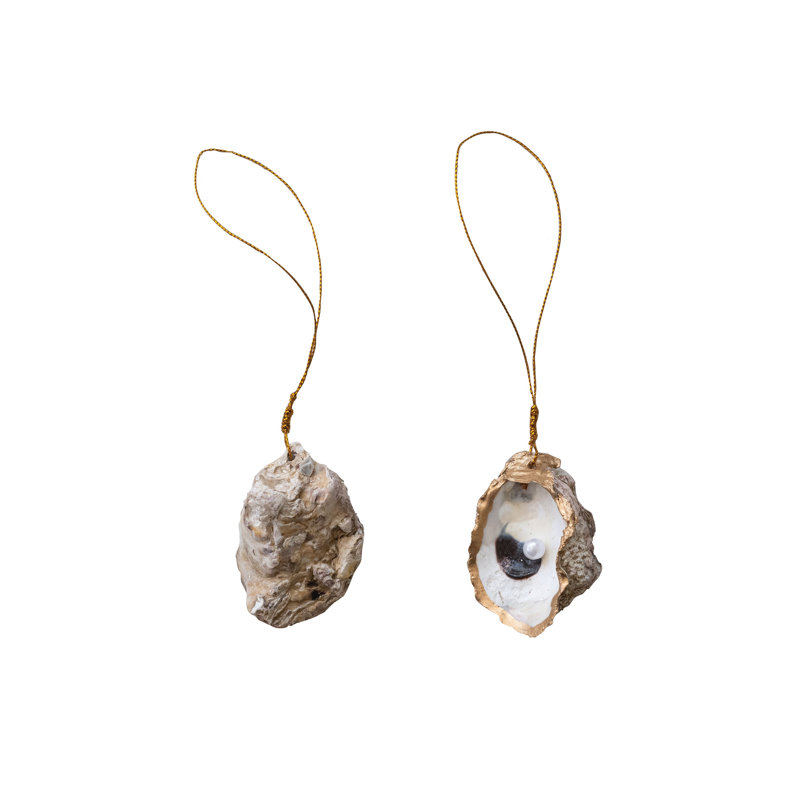 Oyster Shell Ornament With Faux Pearl And Gold Edge
