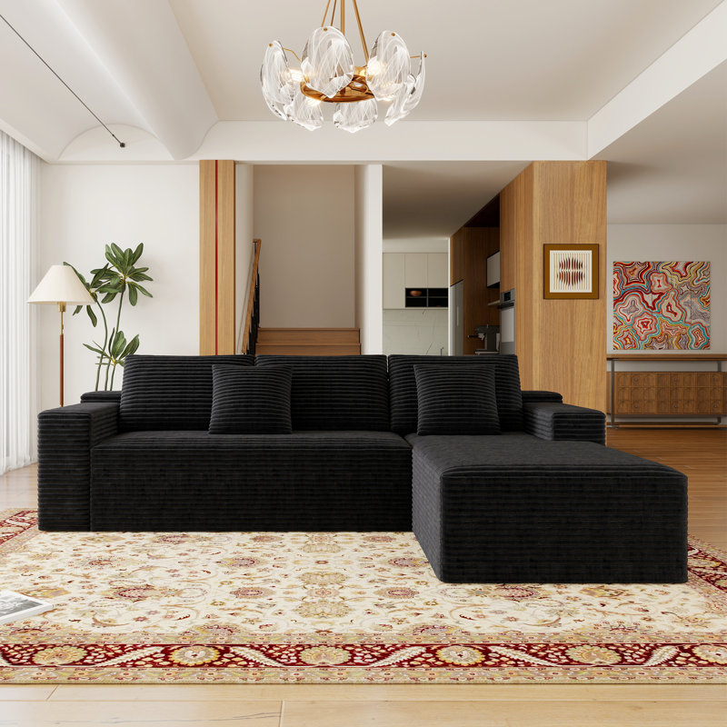 Koli Boneless 104" L-shaped Sectional Couch, Compression Sofa for 4 Person, Corduroy, Black Velvet, Right Hand Facing