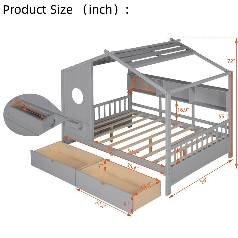 Kids Dream Playhouse Bed with 2 Drawers and Storage Shelf, Full