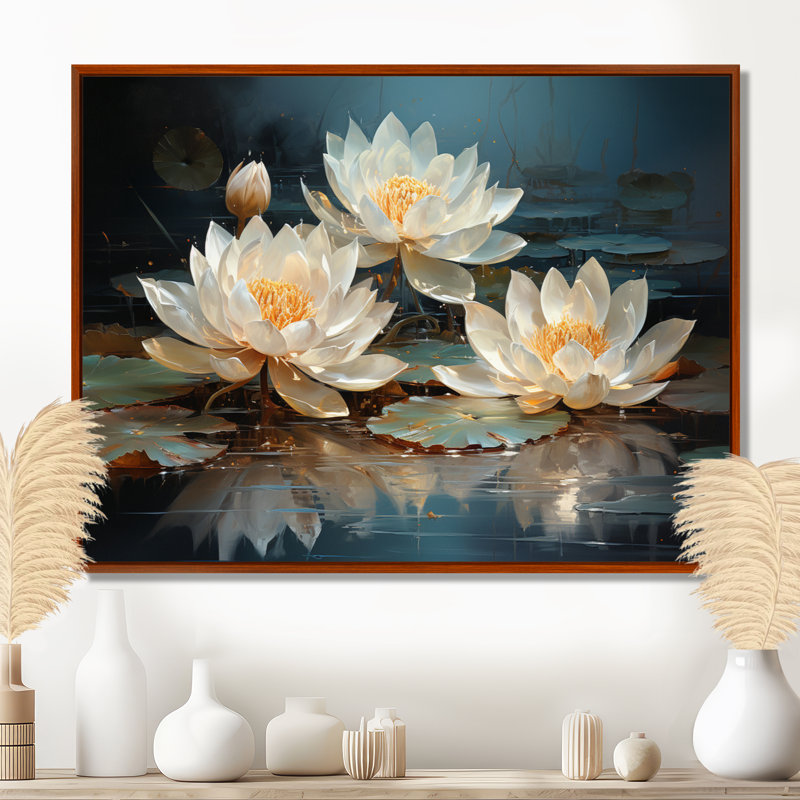 Fleurs de lotus baignées au clair de lune - Art sur toile de lotus, H 12 po x l 20 po x P 1 po, Cadre flottant brun