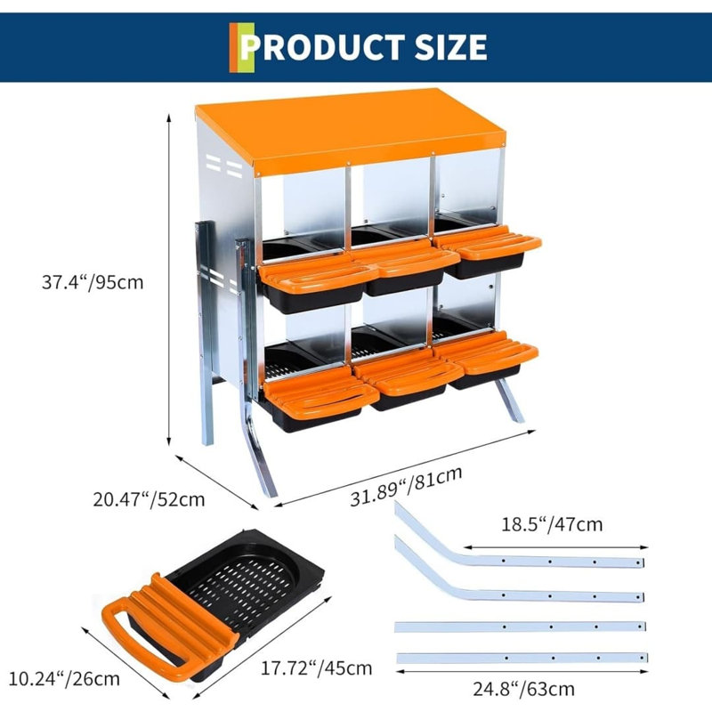 Boîte de nidification orange à 6 trous avec support - système de ramassage des œufs, trous de ventilation, plateau en plastique antirouille, fixation par trou de serrure - idéale pour les poules ou les canards