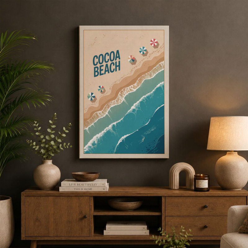 Cocoa Beach Coastal - Wrapped Canvas, 36x24 - 91.4 x 61.0 cm, Teal Border