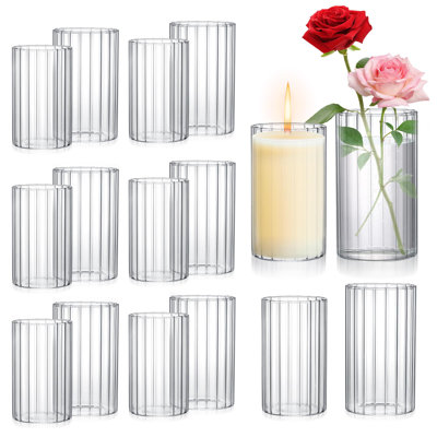 Paquet de 16 vases cylindriques en verre côtelé grand vase à fleurs transparent ouragan flottant pour centre de table décoration de mariage