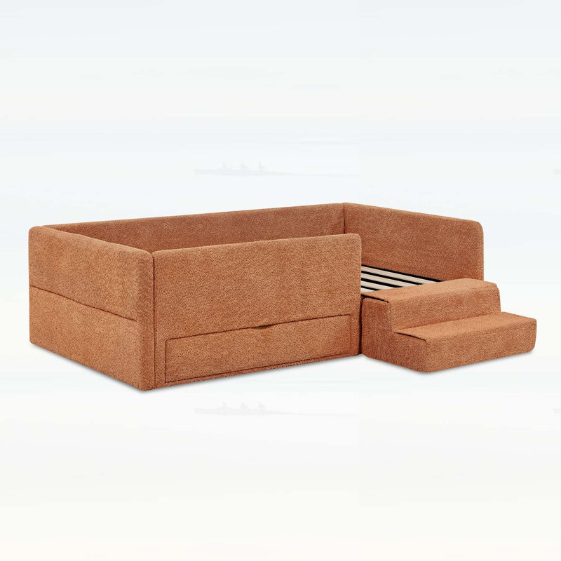 Lit multifonctionnel confortable avec garde-corps, rangement et marchepied de sécurité, Orange