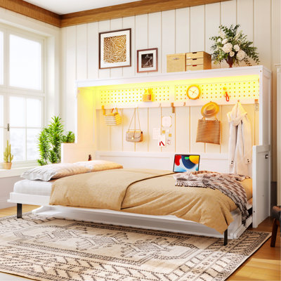 Murphy Bed With A Desk, USB Charging Station, LED Lights