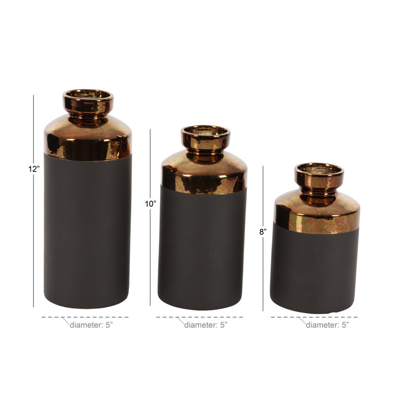 Ceramic Decorative Vase with Copper Like Tops Set, Brown