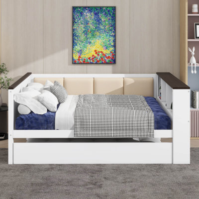 Wood Daybed With Storage Shelves, Upholstered Backrest,USB And Trundle